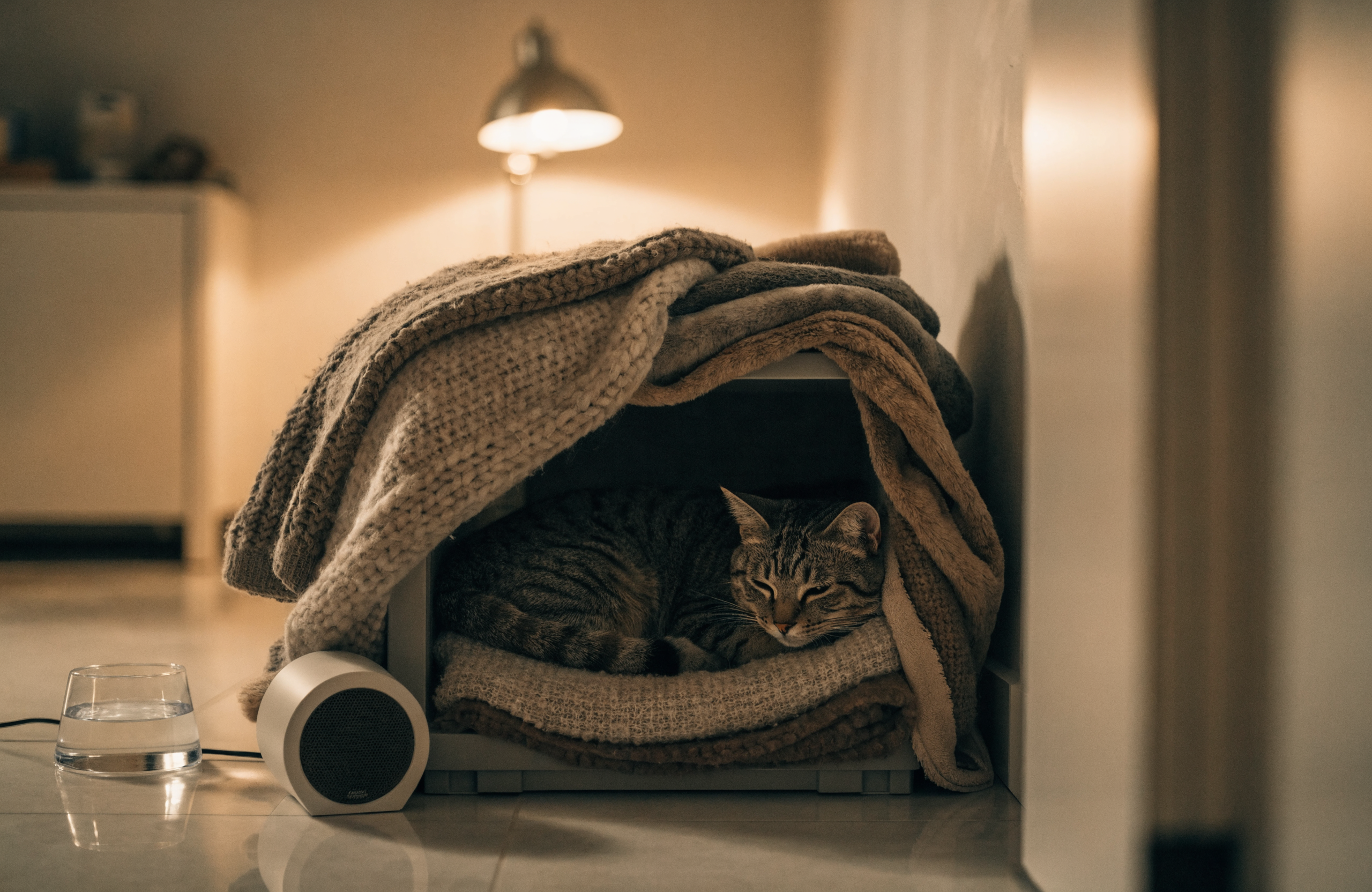 A cosy covered pet den with soft blankets and a relaxed tabby cat inside, beside a small speaker and water bowl in a calm corner