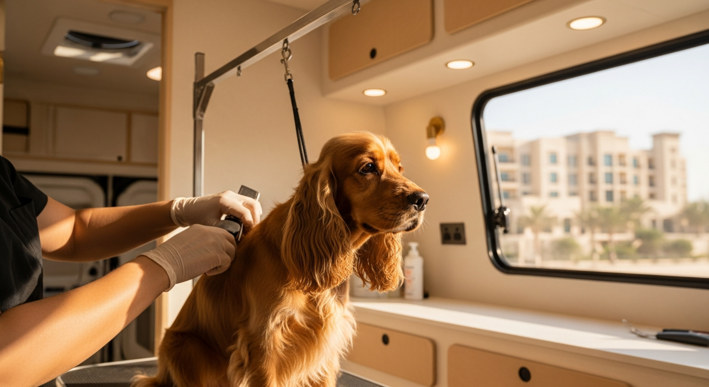 Mobile groomer gently drying a calm Cocker Spaniel inside a Pets in the City grooming van, with a Downtown Dubai high-rise visible through the window