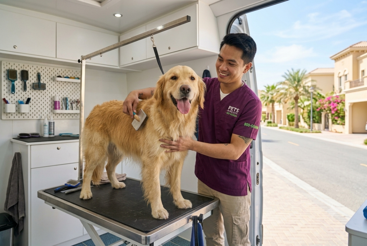 Image of a Pets In The City groomer grooming a dog inside a mobile grooming van.